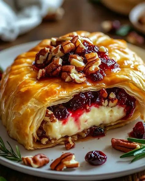 Cranberry Pecan Brie Wrapped in Flaky Puff Pastry - Miarecipes Cranberry Pecan Brie, Baked Brie Puff Pastry, Pecan Brie, Brie Cranberry, Brie Puff Pastry, Brie Recipes, Holiday Appetizer, Party Snack, Pepper Jelly