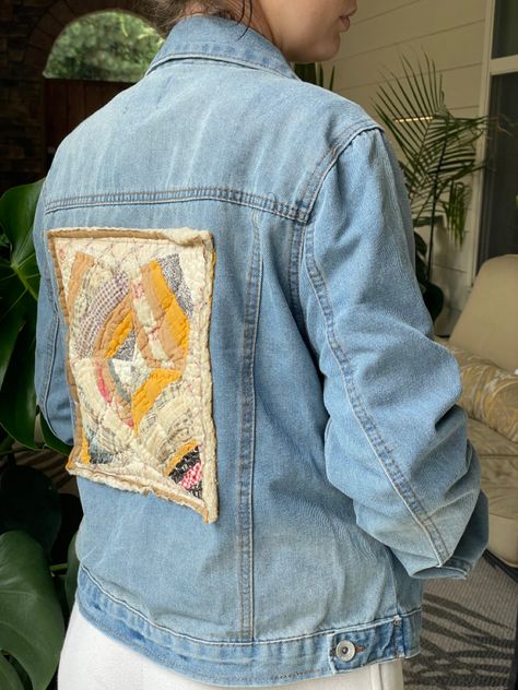 Adorable jean jacket with vintage quilt block on back Patch Jean Jacket, Unique Leather Jewelry, Dental Caps, Quilt Patch, Jean Jacket Patches, Bonnet Cap, Superhero Masks, Dogwood Flowers, Nursing Cap