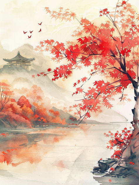 Watercolor painting of a serene Japanese landscape with a striking red Japanese maple tree, calm waters, and a distant pagoda, capturing the tranquil beauty of nature. Japanese Style Painting, Acrylic Japanese Painting, Japanese Watercolor Landscape, Japanese Maple Painting, Japanese Landscape Painting, Japanese Maple Watercolor, Japanese Maple Tree Painting, Traditional Japanese Watercolor, Tree Tattoo Art