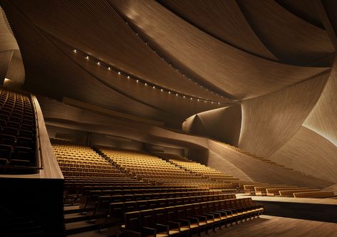 Auditorium Architecture, Acoustic Architecture, Concert Hall Architecture, Auditorium Design, Theater Architecture, Theatre Interior, University Architecture, Kengo Kuma, Architectural Competition