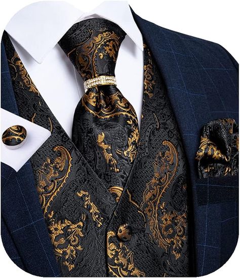 DiBanGu Black Gold Vest and Tie Set for Men Suit Vest Paisley Formal Business Dress Vest Wedding Waistcoat at Amazon Men’s Clothing store Shirt Collar Pins, Tie Ring, Ring For Wedding, Vest Suit, Gold Suit, Mens Suit Vest, Vest Set, Dress Suits For Men, Party Business