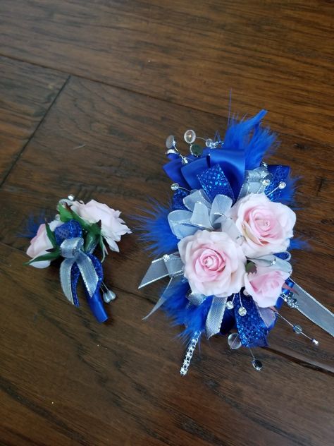 Pink and royal blue corsage set from Hen House Designs www.henhousedesigns.net Pink And Blue Corsage Prom, Royal Blue Corsage, Dance Corsage, Prom Sendoff, Feather Corsage, Pink And Royal Blue, Blue Corsage, Prom Things, Prom Corsage