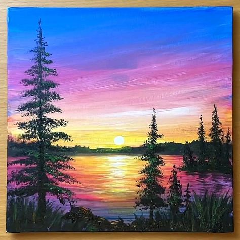 Simple Acrylic Paintings Landscape, Lake Acrylic Painting, Acrylic Painting Sunset, Landscape Acrylic Painting, Sap Green, Drawing Arts, Tree Paintings, Landscape Painting Tutorial, Green Lemon