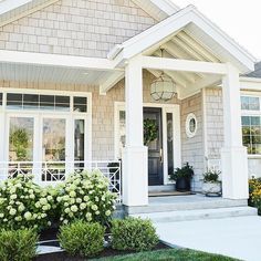 French Coastal Exterior, Costal Home Exterior Designs, Exterior Beach House, Portico Entry, Coastal Home Exterior, Coastal Exterior, Shingle House, Alice Lane, Front Porch Design