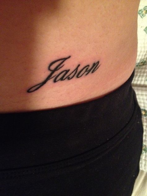 my second tattoo<3 i have my fiancé's name on my hip area :)<3 Name On Hip Tattoo, Name Tattoo On Hip, Name On Buttcheek Tattoo, Small Hip Tattoos, Small Hip Tattoos Women, Second Tattoo, Cursive Tattoos, Hip Tattoos, Hip Tattoos Women