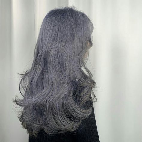 Grey Hair 2023, Hair Colored Ideas, Grey Hair Kpop, Ashy Blue Hair, Grey Blue Hair, Blue Gray Hair, Short Hair Grey, Ash Blue Hair, Grey Hair Colour