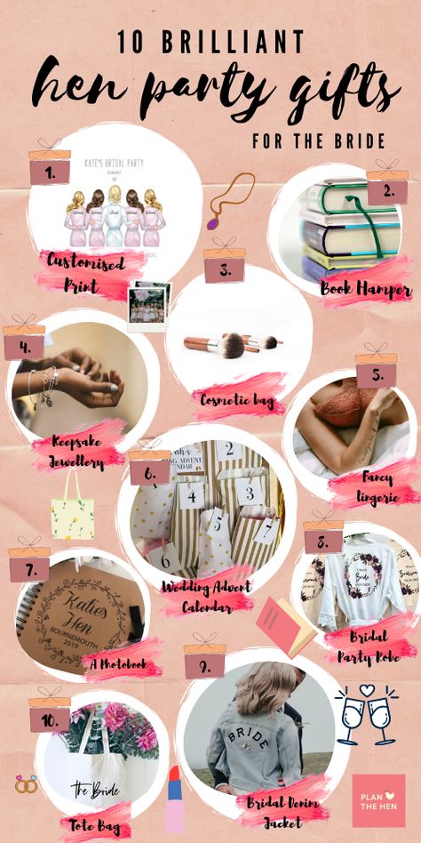 Looking for a gift for the bride-to-be or a bridal shower gift? It can be hard to know what to buy a bride. We've written a guide featuring the ten best hen party gifts for the bride.   Lots of these hen do gift ideas are perfect for all the hens to pitch in and club together to buy.   Choose the most memorable and thoughtful hen do gift for the next of your friends to get married.   #henparty #hendo #henpartygifts #hendogifts #bridalshowergifts #bridalshower Hen Do Gifts For Bride, Hen Party Gifts For Bride, Hen Do Gifts, Hen Ideas, Gifts For The Bride, Hen Party Gifts, Bride Shower, Party Goodies, What To Buy