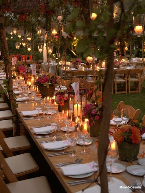 I am in love with this. The long family tables, the use of trees and coverings with hanging lights tons of candles and multiple floral centerpieces (although the centerpieces could be better) Bride Survival Kit, Outdoor Dinner Party, Fall Wedding Tables, Outdoor Dinner Parties, Outdoor Fall Wedding, Outdoor Dinner, Floral Event Design, Fall Wedding Decorations, Long Table