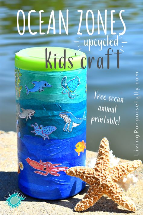 Eco-friendly ocean activity for kids to learn ocean zones! Includes FREE adorable printable of ocean animals & uses easy household materials. (Upcycle a wipes container, oatmeal container, or milk jug!) Link also has a cute ocean zone infographic & info to help teach. From LivingPorpoisefully.com Ocean Activity, Mammals Activities, Layers Of The Ocean, Ocean Zones, Craft Activity For Kids, Ocean Ideas, Oatmeal Container, Ocean Theme Birthday, Ocean Unit