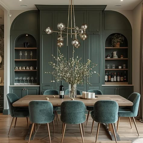 Emerald Dining Room, Dark Green Interior Design, Emerald Green Dining Room, Dark Green Dining Room, Green Dining Room Walls, Interior Design Green, Dining Room Interior Design, Interior Design Dining, Green Dining Room