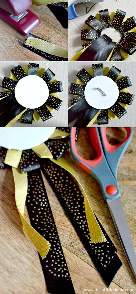 Ribbon Medals Diy, How To Make A Birthday Pin With Ribbon, Senior Night Ribbon Corsage, Rosette Ribbon Diy, Photo Buttons With Ribbon, Diy Award Ribbon How To Make, How To Make Prize Ribbons, Diy Birthday Pin With Ribbon, Ribbon Pins Diy