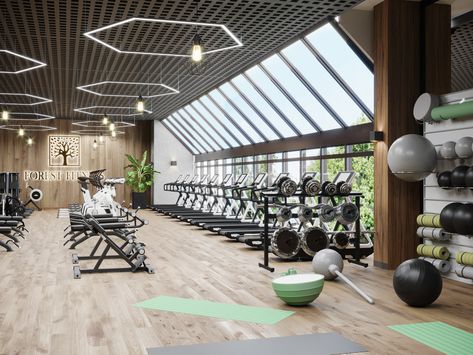 Gym Interior Design Ideas Modern Luxury, Modern Gym Interior Design, Fitness Center Interior Design, Gym Interior Design Ideas, Apartment Gym, Modern Gym, Gym Design Interior, Panoramic Windows, Home Gym Flooring