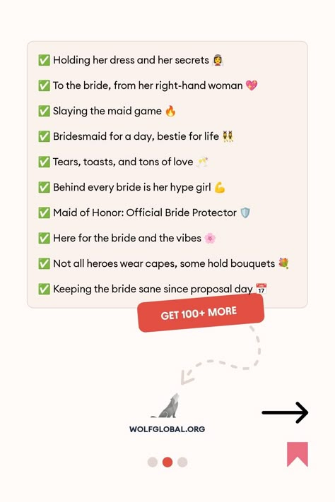 A smiling maid of honor holding a champagne glass; Instagram caption ideas promo image.
An infographic listing fun and supportive bridesmaid duties with checkboxes and emojis.
A woman with a laptop surrounded by social media icons and an engagement pod advert. With Honors Caption, Maid Of Honor Captions Instagram, Bestie Wedding Caption, Bridesmaid Captions Instagram, Bridesmaids Quotes, Bridesmaid Quotes, Bridal Maids, Wedding Captions, Made Of Honor