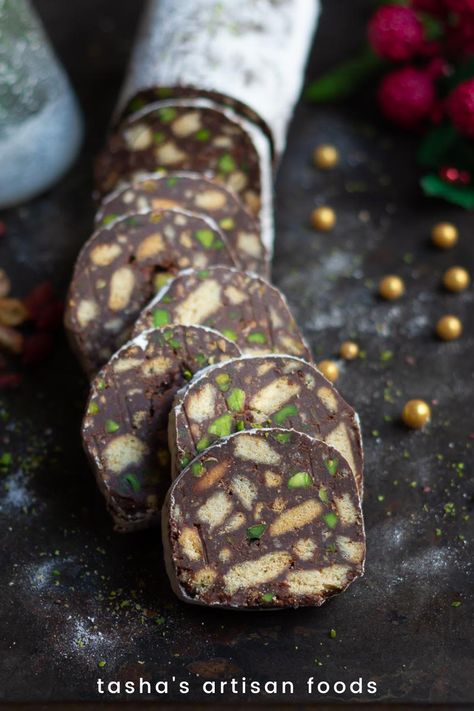 chocolate salami Chocolate Salami Cookies, Chocolate Salami Recipe Christmas, Salami Cookies, Biscuit Salami, Arabic Pastries, Chocolate Sausage, Croatian Desserts, Chocolate Salami Recipe, Diwali Mithai