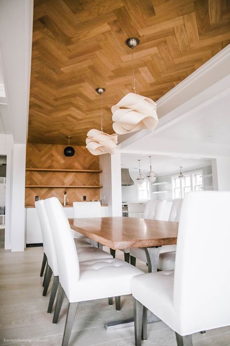 Flooring Looks Up: Wood Ceilings and Accent Walls | Boston Design Guide Wood Flooring On Ceiling, Flooring On Ceiling, Wood For Walls, Mac Davis, Painted Wood Walls, Accent Wall Designs, Real Wood Floors, Wood Accent Wall, Wooden Ceilings