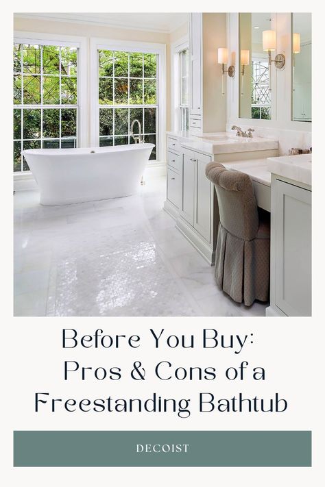 Before You Buy: Pros & Cons of a Freestanding Bathtub Freestanding Bathtub Ideas, Free Standing Bathtub, Standalone Bathtub, Free Standing Tub Bathroom, Freestanding Bathtub, Freestanding Bathtub On Platform, Free Standing Bathtub For Plus Size People, Stand Alone Bath Tub, Freestanding Jacuzzi Bathtub