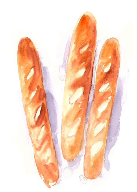 #French #baguettes #watercolor illustration, #paris, #food sketch, bread, french #bakery French Watercolor Paintings, Bread Aesthetic Drawing, French Food Art, Bread Sketch, Baguette Illustration, Bread Watercolor Painting, French Bread Illustration, Pasta Watercolor Illustration, Baguette Aesthetic Paris