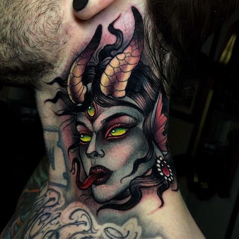 Stunningly clean Neo-traditional occult inspired lady demonhead neck tattoo by Ick Abrams, made at Grim Tattoo in Pennsylvania. 🧟‍♀️  #Neotraditional #Neotraditionaltattoo #demontattoo #necktattoo #tattoodo #Tattooideas #Tattooinspiration Traditional Tattoo Neck, Traditional Tattoo Arm, Side Neck Tattoo, Throat Tattoo, Demon Tattoo, Tatuaje A Color, Make Tattoo, Cool Tattoos For Guys, Traditional Tattoo Design