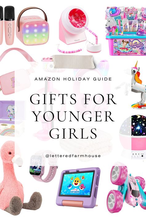 Amazon holiday gift guide for younger girls featuring a collection of colorful and playful gift ideas for Christmas 2024. Includes a karaoke microphone set, rainbow Bluetooth speaker, bead bracelet maker, unicorn slime kit, LED star projector, kids’ smartwatch, pink headphones, plush flamingo toy, Baby Shark tablet, pink roller-skating car, unicorn building toy, and more. Each item is selected to inspire creativity, fun, and excitement for girls this holiday season. Top Toys For Girls, Amazon Christmas Gifts, Girls Gift Guide, Amazon Christmas, Top Christmas Gifts, Holiday Guide, Creative Craft, Christmas Gifts For Girls, Christmas Gift Guide