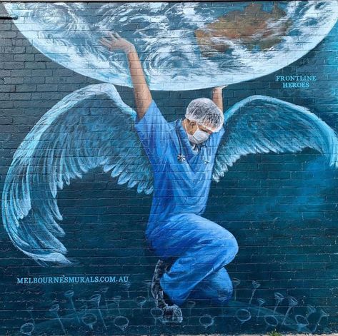 A beautiful mural by @melbournesmurals to honor our front line heroes! Any healthcare workers* feel free to DM us for a FREE On-Demand session with any Creativity Kit purchase! We would love to give you a chance to relax and express your creativity in these uncertain times! 🎨🍷👨🏼‍⚕️👩🏻�‍⚕️ *Proof of profession required. - 🍷 BYO Wine & Nibbles 🍇🧀 🖼 Creativity Kits Available from $65 ▶️ Instant access Worldwide to On-Demand sessions 🎥 LIVE stream sessions via Zoom 👨🏻‍💼 Private LIVE stre Doctor Painting Art, Healthcare Artwork, Angel Illustration, Medical Wallpaper, Nurse Art, Healthcare Workers, Ayat Alkitab, Medical Art, Hur Man Målar