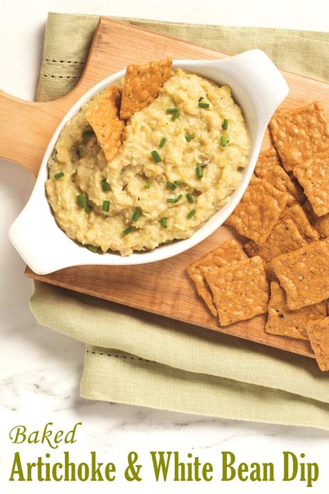 Artichoke Dip Vegan, White Bean Artichoke, Dairy Free Dips, Dip Vegan, Baked Artichoke, White Bean Dip, Artichoke Dip Recipe, Plant Based Snacks, Healthy Vegan Snacks