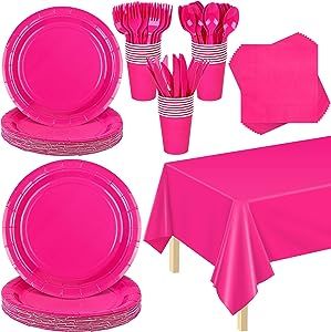 Hot Pink Party, Hot Pink Birthday, Pink Party Supplies, Pink Dinnerware, Black Napkins, Pink Party Decorations, Pink Plates, Pink Napkins, Pink Birthday Party