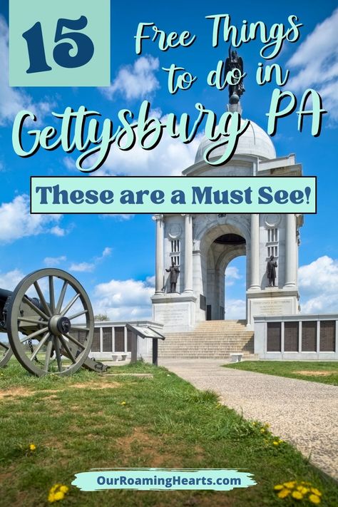 There is so much history to see in Gettysburg Pa. These free things to do in Gettysburg Pa should be on the top of your list. #freethingstodo #gettysburg #pennsylvania #ourroaminghearts #travel #history #thingstosee | Gettysburg Pennsylvania | Family Travel | History | Vacation | Free Things to do | National Park | Historic Sites | Gettysburg Pennsylvania Things To Do, Things To Do In Gettysburg Pa, Road Schooling, Dc Vacation, Hershey Pennsylvania, Frugal Travel, Gettysburg Pennsylvania, Gettysburg National Military Park, Gettysburg Battlefield