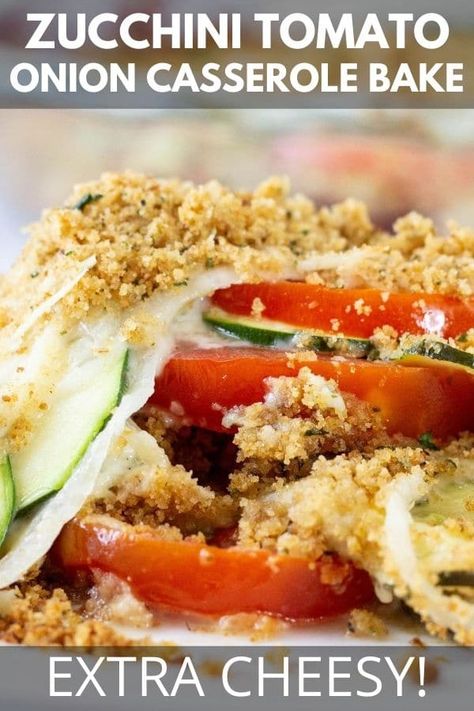 Zucchini Tomato Casserole is a cheesy layered vegetable casserole bake. Sliced zucchini, onions, and tomatoes pairs with two kinds of cheese and buttered bread crumb topping. Try this tomato zucchini bake today!  Crispy, perfect, summer side dish using all your garden vegetables. #zucchini #tomato #onion #sidedish #recipe #side #summer #produce #fresh #breadcrumbs #toasted #oven #baked #casserole Zucchini Tomato Casserole Recipes, Zucchini And Tomato Casserole, Zucchini Tomato Cheese Casserole, Tomato Zucchini Onion Casserole, Tomatoes And Zucchini Bake, Zucchini Tomatoes And Onions, Zucchini Onion Tomato Recipes, Zucchini Tomato Bake, Tomato Onion Recipe