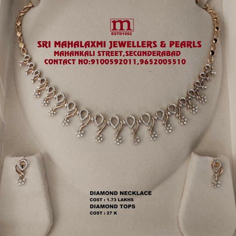 Celebrite Everlasting Feeling s Of Love With This Exquisite Light Weight Diamond Necklace With Matching Earrings. Diamond VVS E-F COLOR WITH IGI CERTIFIED ROUND BRILLIANT CUT DIAMOND. Visit Our SHOWROOM FOR FULL RANGE OF COLLECTION AT WHOLESALE PRICES PLEASE CALL US FOR WHATSAPP VIDEO call no.9100592011, 9652005510 www.srimahalaxmijewellers.in #SriMahalaxmiJewellers #MahalaxmiJewellers #Diamond #diamondnecklace #necklace #diamondearrings #diamondtops #earrings #partywear #bridalwear #bridaljewe Small Diamond Necklace Set, Light Weight Diamond Necklace Indian, Diamond Necklace Set Indian With Price, Diamond Necklace Simple Classy, Diamond Necklace With Price, Simple Diamond Necklace Indian, Light Weight Diamond Necklace, Latest Diamond Necklace Designs, Simple Diamond Jewelry