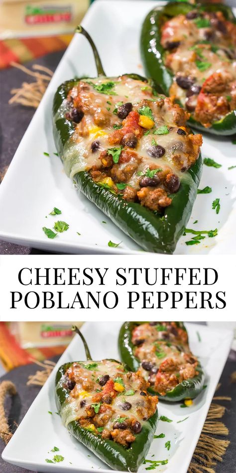 Mix up taco night with these Cheesy Stuffed Poblano Peppers! This flavor-packed recipe makes for a fun and delicious meal that is sure to become a family favorite. Stuffed Poblanos, Poblano Peppers Recipes, Rice Black Beans, Poblano Pepper, Poblano Peppers, Easy Meat Recipes, Vegetarian Side Dishes, Hamburger Meat Recipes, Dinner Party Menu