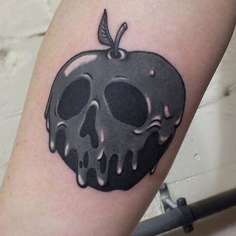 Snow White Tattoo Apple, Snow White Poison Apple Tattoo, Snow White Apple Tattoo, Apple Tattoos, Bad Apple Tattoo, Sleeping Beauty Tattoo, Dark Disney Tattoo, Apple Tattoo, Poisoned Apple