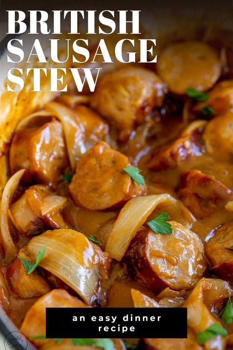 This British Sausage Stew (Sausage Casserole) is an easy and delicious meal that the whole family will love. Serve it with mashed potato or some crusty bread and a side of veggies. Cooked sausage links are chopped up and added to a delicious thick onion gravy in this simple recipe. It takes under 30 minutes and is a great one-pot meal. Seasoned with sage and thyme and finished with some Worchestershire sauce and a little barbecue sauce. This is a hearty, comforting and economical dinner recipe. English Stew Recipe, Stewed Sausages Recipe, British Sausage Casserole, Sausage And Leeks Recipe, Sausage Stew Recipes Simple, Curried Sausages Slow Cooker, British Recipes Dinner, English Dinner Recipes, Beef Sausage Recipes Dinners