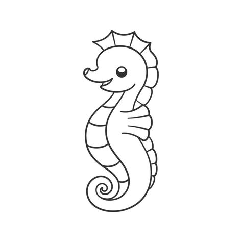 Sea Horse Drawing Easy, Sea Horse Drawing, Seahorse Outline, Seahorse Clipart, Seahorse Cartoon, Seahorse Drawing, Horse Template, Character Outline, Illustration Simple