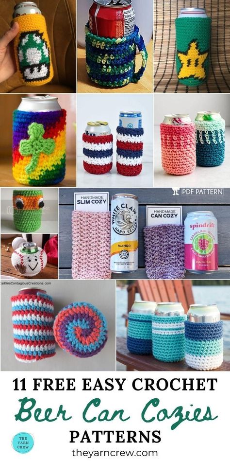 Can Cozies Crochet, Free Crochet Can Cozy Patterns, Can Coozie Crochet Pattern, Cup Koozies Crochet, Crochet Soda Can Cozy Patterns, Crochet Can Coozie Pattern, Crochet Projects For Selling, Crochet Projects For Craft Fairs, Crochet Beer Cozy Free Pattern