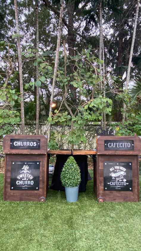 Cuban Cafecito, Churro Station, Draft Beer Bar, Churro Cart, Rustic Sweetheart Table, Churro Maker, Coffee Bar Wedding, Rustic Dessert, Cuban Coffee