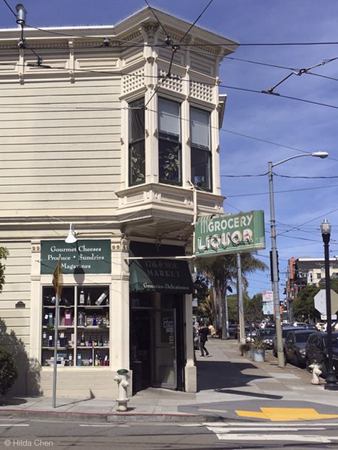 San Francisco Corner Store Apartment Above Store, Corner Store Aesthetic, San Francisco Houses Aesthetic, Occult Detective, Sanfransisco Street Aesthetic, San Francisco Buildings, San Francisco Store Fronts, Building Corner, Retro San Francisco