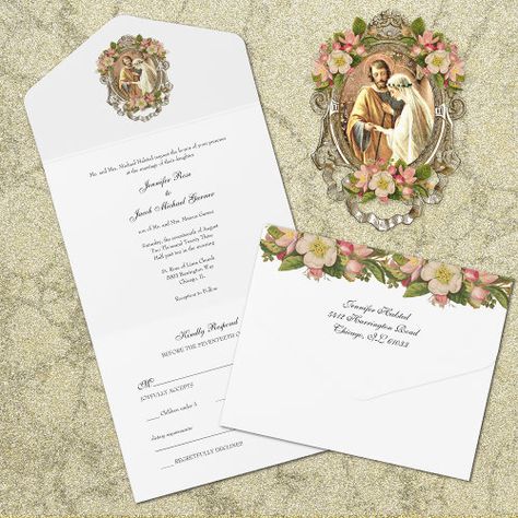 $4.00 | Elegant Simple Gold Catholic Floral Wedding #traditional catholic wedding, betrothal of mary and joseph, cherry blossom wedding flowers, elegant gold wedding, religious wedding, simple floral wedding, vintage wedding, gold and floral wedding, christian wedding, virgin mary and st. joseph Catholic Wedding Invitations, Wedding Christian, Catholic Wedding Traditions, Cherry Blossom Wedding Invitations, Blossom Wedding, Wedding Simple, Cherry Blossom Wedding, Religious Wedding, Catholic Wedding