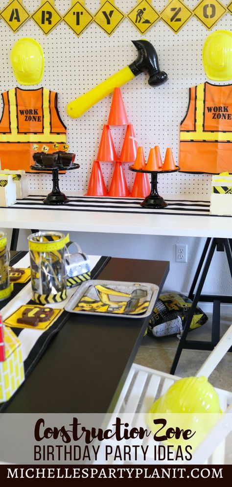 Construction Zone Birthday Party Ideas - build a party to remember with a DIY Backdrop, Diggin' Brownie Pudding Parfaits and three themed party games and activities! #constructionzone #birthdayparty Michelle's Party Plan-It Building Theme Party, Indoor Construction Party, Construction Cheer Theme, Construction Theme Birthday Party Decorations Diy Projects, Construction Zone Birthday Party, 2nd Birthday Boy Themes Construction Target, Construction Party Dig Site, Under Construction Theme, Construction Cupcakes