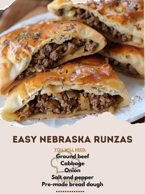 🥖🍖 Taste the comfort of home with easy Nebraska Runzas! A hearty and satisfying meal. #HomemadeRunzaMagic Easy Nebraska Runzas Ingredients: Ground beef (1 lb) Cabbage, chopped (2 cups) Onion, chopped (1) Salt and pepper (to taste) Pre-made bread dough (1 lb) Instructions: Brown beef with onion, add cabbage, season, and cook until soft. Divide dough into pieces, stuff with beef mixture, seal. Bake at 375°F for 20 minutes. 🍞🥩 Bring a taste of Nebraska to your table with these deliciously stuf... Nebraska Runza Recipe, Runza Recipe Nebraska, Nebraska Runza, Stuffed Breads, Rhodes Rolls, Ground Beef And Cabbage, Unique Dinner, Filling Snacks, Cabbage Recipes