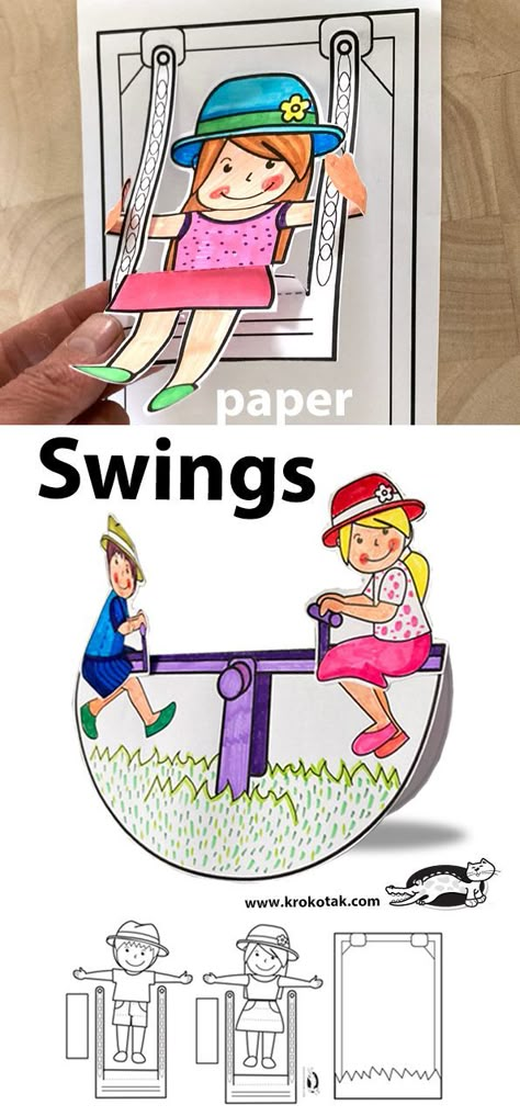 http://krokotak.com/2022/05/3-paper-swings/ Letter D Crafts, Playground Activities, Space Crafts For Kids, Paper Plate Crafts For Kids, Eating Watermelon, Kindergarten Art Projects, Summer Camp Crafts, Children Activities, Animal Crafts For Kids