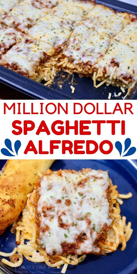 Million Dollar Spaghetti with Alfredo Sauce Recipe - Grace Like Rain Blog Million Dollar Spaghetti With Alfredo, Easy Million Dollar Spaghetti, Spaghetti With Alfredo, Recipe Using Alfredo Sauce, Dump And Bake Dinner, Million Dollar Pasta, Spaghetti Alfredo, Jarred Alfredo Sauce, Bake Dinner