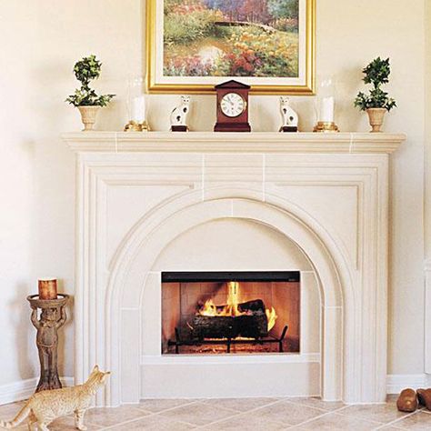 Helena Fireplace Surround Limestone Mantel Cast Stone Mantel, Limestone Mantel, Custom Fireplace Mantels, Stone Mantel, Mantel Design, Limestone Fireplace, Custom Fireplace, Fireplace Surround, The Chateau