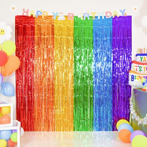 Holiday Photo Booth Props, Holiday Photo Booth, Fringe Curtains, Rainbow Backdrop, Backdrop For Birthday, Rainbow Party Decorations, Streamer Backdrop, Foil Curtain, Party Streamers