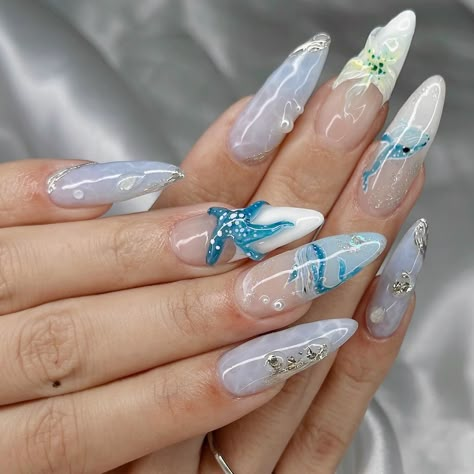 🐋 Whale, hello there ✨ #naildesign #3dnailart #summernails #nails2inspire #shellnails #beachnails #nailart #nailinspo #frenchnails #longnails #almondnails #gelxinspo #naturenails #oceannails #waternails #vancouvernails Whale Shark Nails, Whale Nails, Shark Nails, Sea Nails, Water Nails, Cute Gel Nails, Design Nail, Beach Nails, Whale Shark