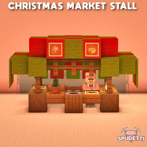 402 Likes, 4 Comments - Spudetti - Minecraft Builds (@spudetti) on Instagram: “A Christmas market stall that you can add to your own Minecraft worlds! I hope you like it 😄…” Minecraft Tundra Builds, Minecraft Xmas Builds, Cute Christmas Minecraft Builds, Minecraft Snow Decorations, Christmas Market Minecraft, Minecraft Medieval Market, Market Stall Ideas, Medieval Market Stall, Minecraft Market