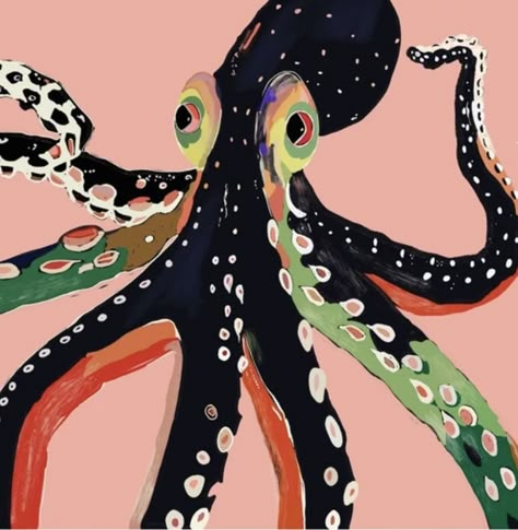 Giant Squid Art, Alebrije Painting, Cute Octopus Illustration, Octopus Painting Acrylic, Octopus Art Illustration, Amaya Core, Octopus Mural, Illustration Octopus, Octopus Colorful