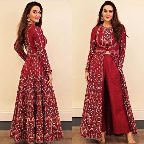 Preity Zinta is a vision in this red embroidered ensemble by Anita Dongre 💯♥️✨ #PreityZinta #AnitaDongre #Fashion #Lifestyle #Magazine… Saree Bride, Kurti With Pants, Edit On Instagram, Preity Zinta, Indian Designer Suits, Anita Dongre, Glamour Style, Indian Gowns, Lehenga Designs