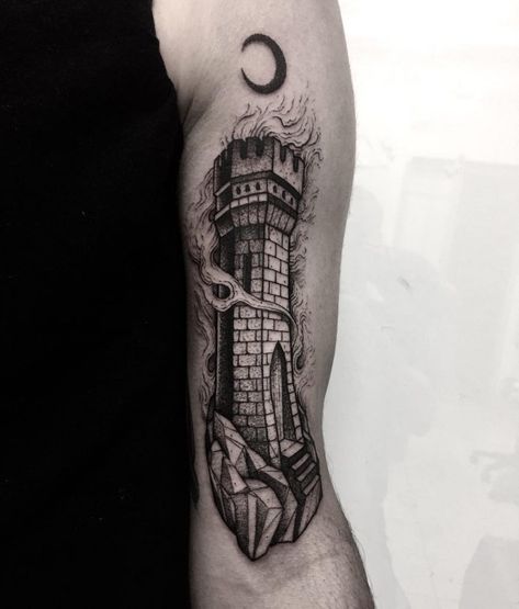 Blackwork tower ️tattoo done at Primordial Pain Tattoo Milano Stargazer Tattoo, Torres Tattoo, Tower Tattoo, Inspiring Quote Tattoos, Simple Wrist Tattoos, Castle Tattoo, Simple Tattoos For Women, Medieval Tattoo, Star Tattoo Designs