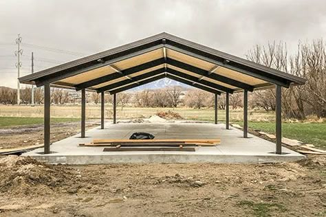 Pavilion Kit 2 Option C - Smith Steelworks Metal Pavilion Ideas, Open Air Pavilion, Metal Pavilion, Metal Roof Panels, Metal Roof Colors, Pavilion Plans, Metal Building Designs, Outdoor Restaurant Design, Metal Carports