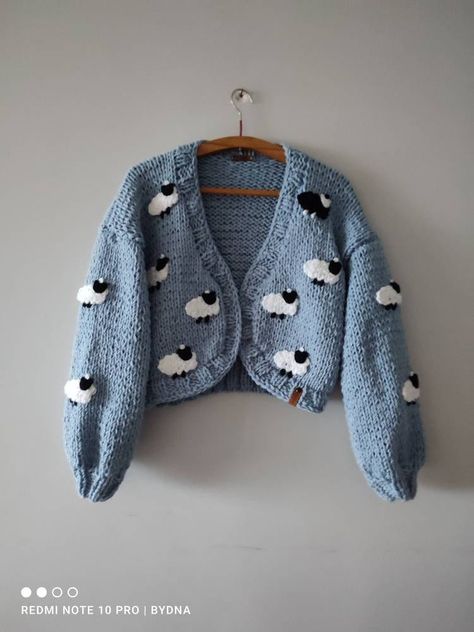 Knitted Streetwear, Knitted Christmas Gifts, Streetwear Jumper, Sheep Outfit, Crochet Sheep Sweater Pattern, Crochet Sheep Sweater, Sheep Crochet Sweater, Cute Blue Knit Cardigan, Crochet Sheep Cardigan